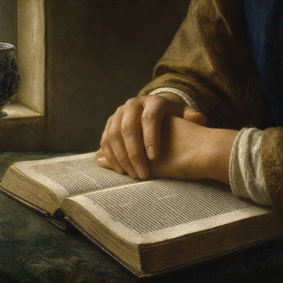 An intimate close-up: folded hands resting on the open pages of a Bible, soft daylight from a leaded window catching the cuffs of a linen shirt and warm woolen sleeve.