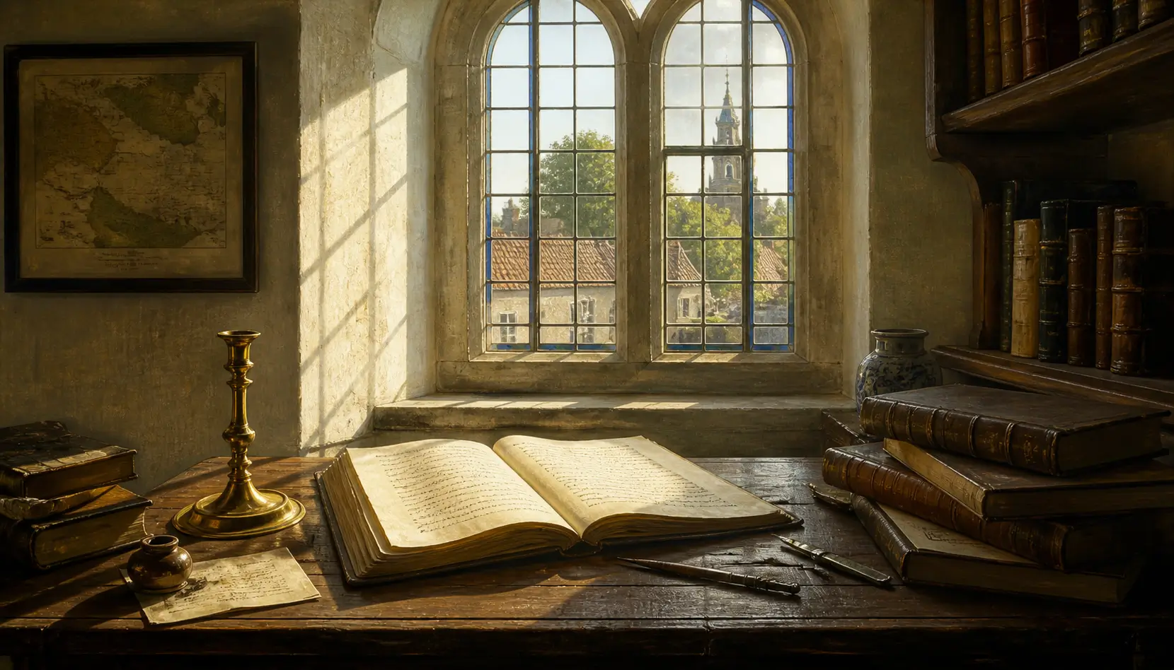 A sunlit study with an open manuscript on a wooden desk, a brass candlestick, leather-bound books, and a leaded arched window looking out onto a tiled rooftop and church spire.