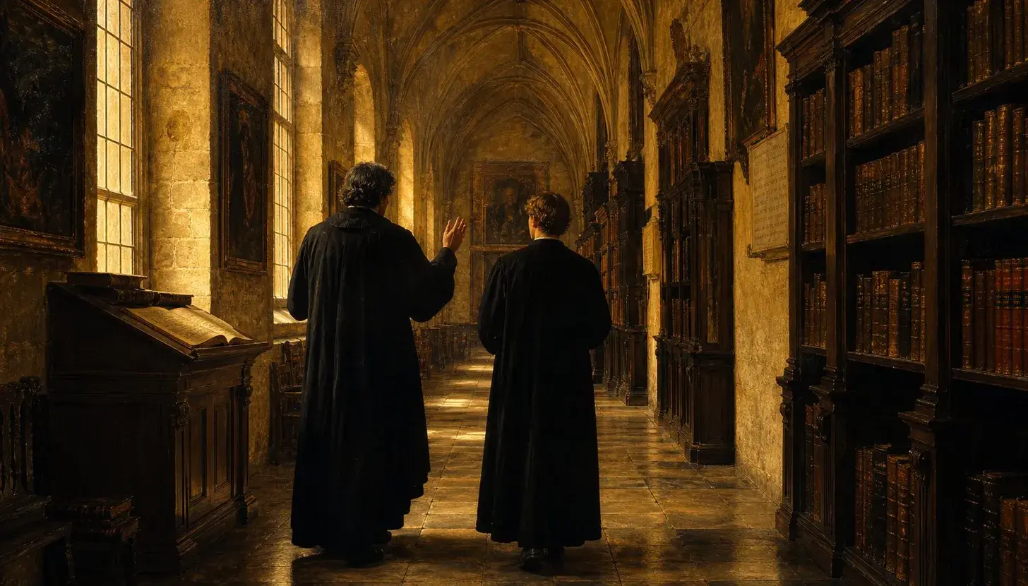 Two robed figures conversing in a long, gilded library hall at dusk, vaulted ceilings overhead, leaded windows on the left and tall bookcases on the right, golden light pooling on the stone floor between them.